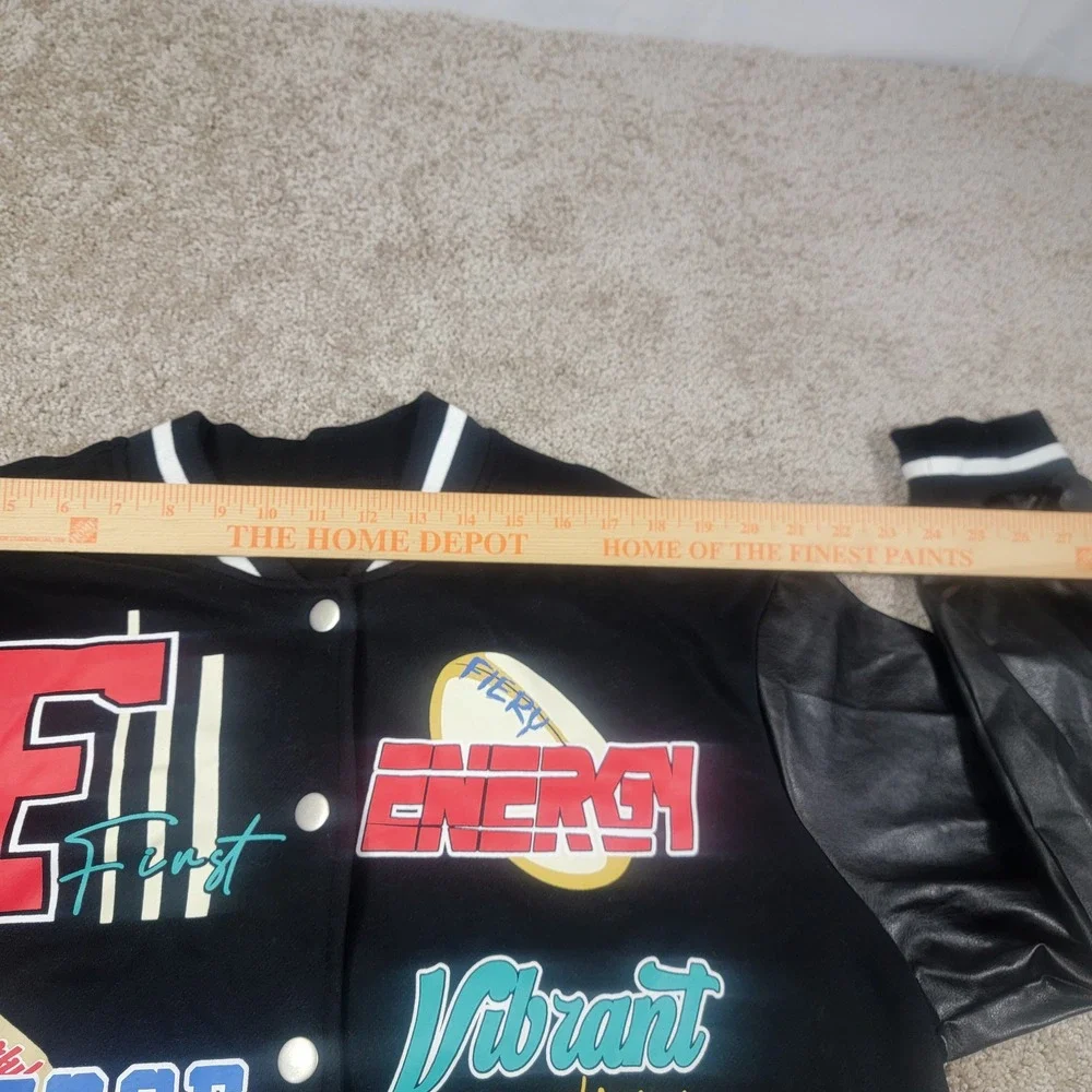 SHEIN Baseball Jacket‎ Varsity Style Graphic Print Black Faux Leather L